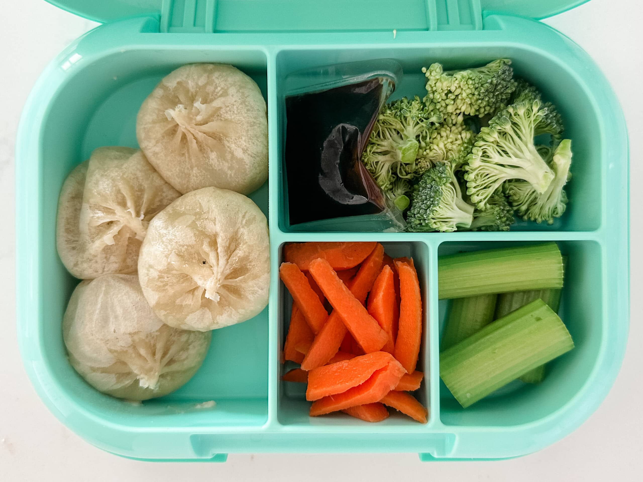 Mint green bento box for kids filled with dumplings, carrots, celery, broccoli, and soy sauce packet