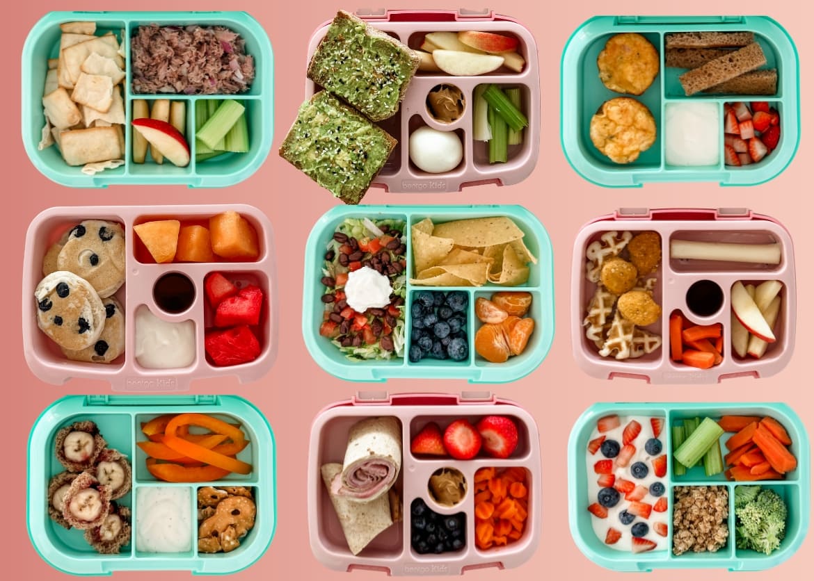 Collage of different bento box school lunch ideas for kids