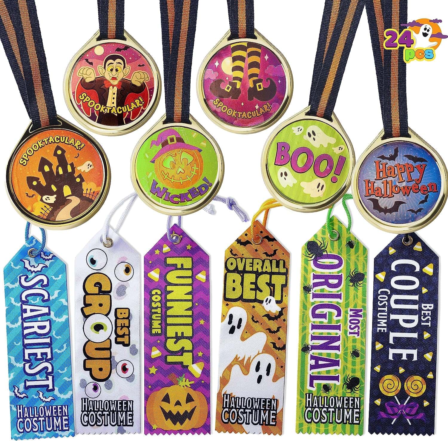 24 PCS Halloween Medal Trophies and Trophy Ribbons for Halloween Award