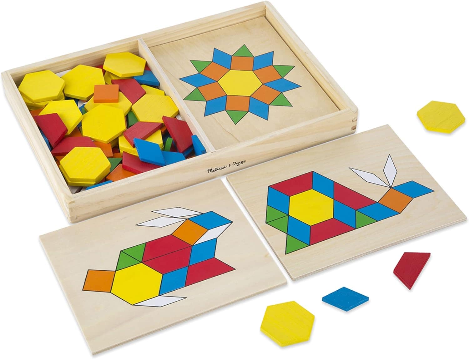 Melissa & Doug Pattern Blocks and Boards - Wooden Classic Toy With 120 Solid Wood Shapes and 5 Double-Sided Panels