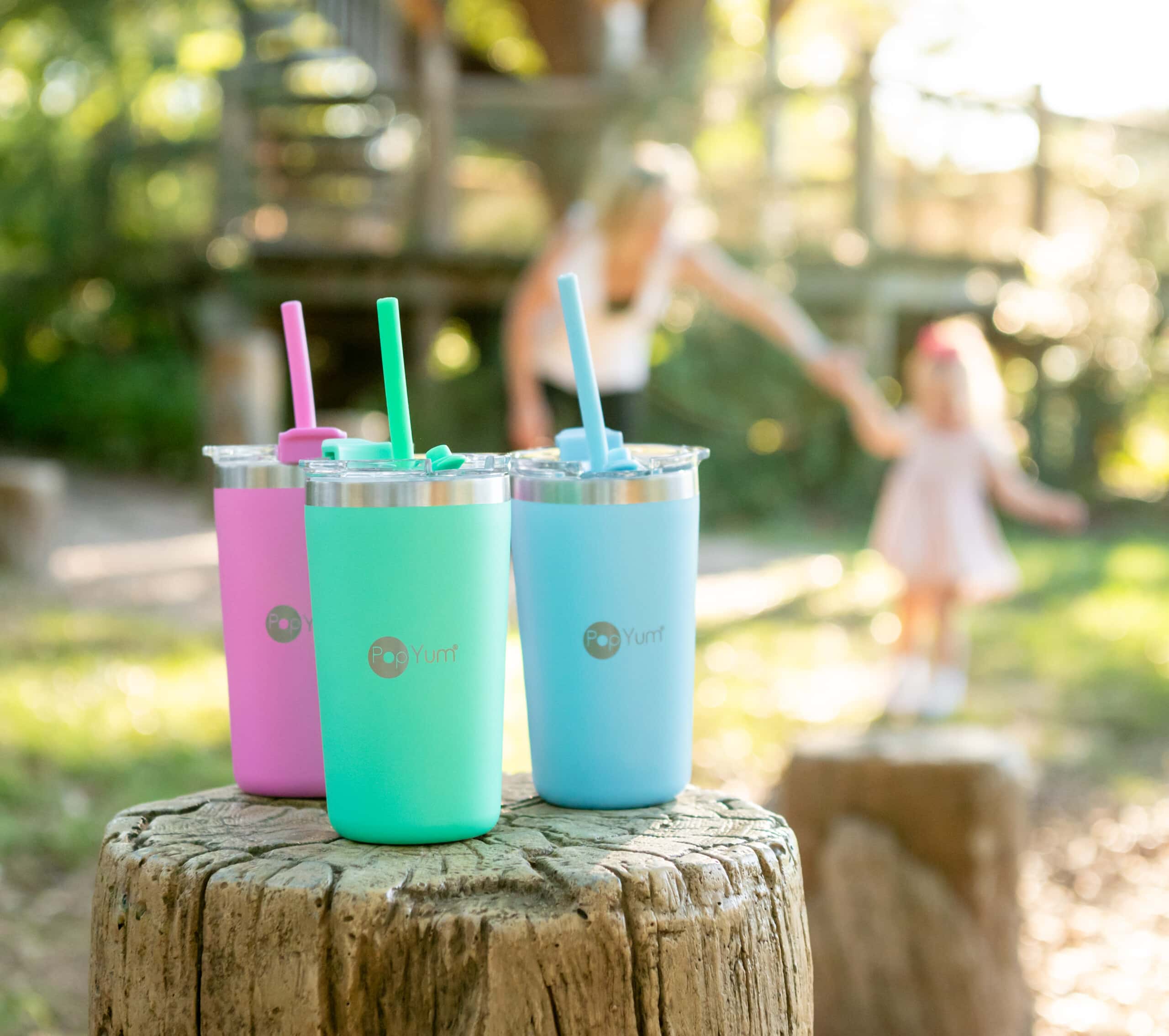 PopYum 13oz Kids Cups with mom and daughter playing outside in the background.