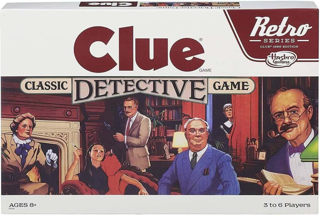 The image shows the box cover of the Clue Retro Series Classic Detective Game by Hasbro Gaming. The artwork depicts characters in a library setting, dressed in vintage attire. Perfect as a Halloween party game, the game is suitable for ages 8 and up and can be played by 3 to 6 players.