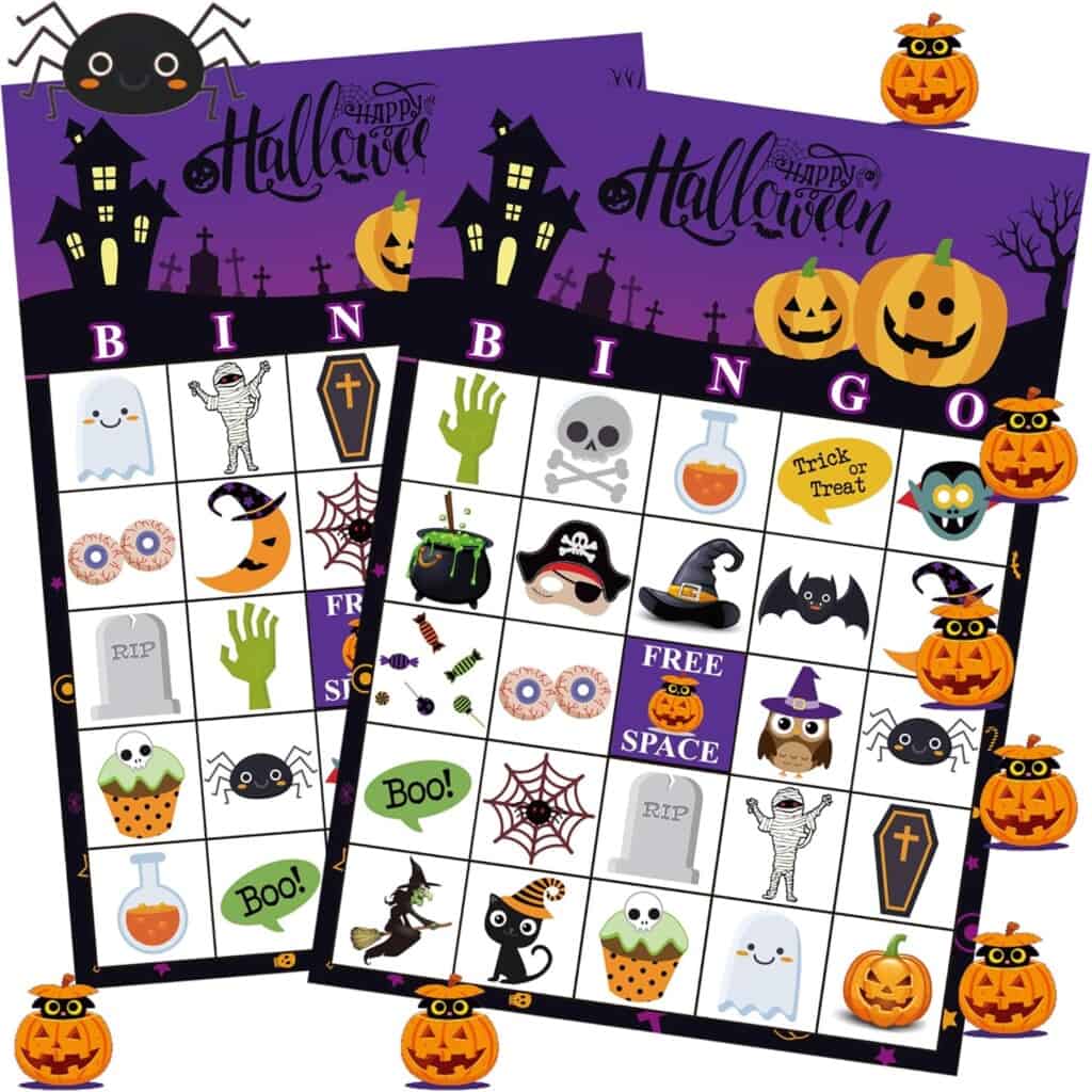 Two Halloween-themed bingo cards are displayed with various spooky illustrations including ghosts, witches, bats, pumpkins, and spiders. The backdrop features a haunted house, Jack-o-lanterns, and a sign that says Happy Halloween, making it one of the perfect Halloween activities for kids.