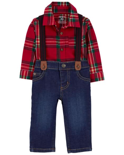A cute Christmas outfit for baby boys featuring a red and green plaid button-up shirt with long sleeves, paired with blue denim pants. The ensemble is completed with suspenders and brown button accents, making it an adorable addition to any holiday wardrobe.