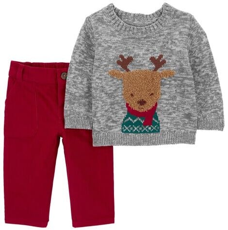 A cute Christmas outfit for your baby boy, featuring a gray knitted sweater with a reindeer in a scarf, paired perfectly with festive red pants.