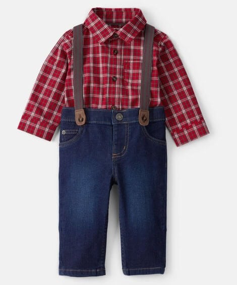 Baby Boy 3-Piece Plaid Print Long-Sleeve Shirt & Suspender Pant Set - Red/Denim from Carter's