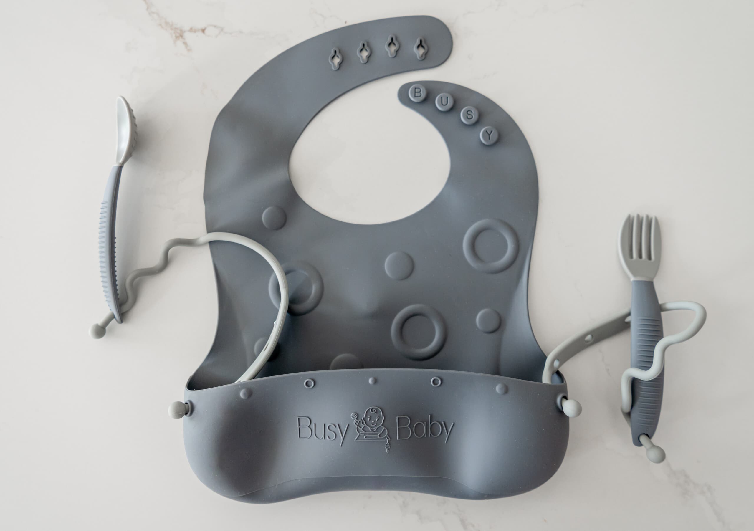 Busy Baby bib and tethered utensils