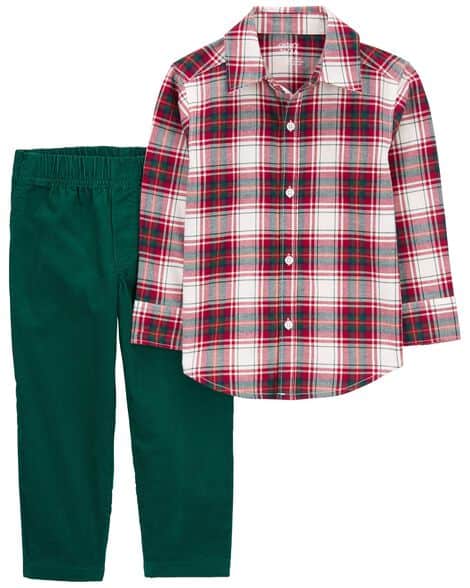 A cute Christmas outfit for your little one, featuring a red, white, and green plaid button-up shirt with long sleeves and a collar. It pairs perfectly with solid green elastic waist pants, making it an ideal baby boy Christmas outfit.