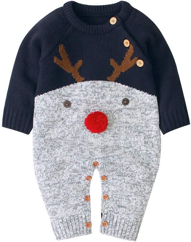 This adorable baby romper is the perfect baby boy Christmas outfit. Designed with a reindeer theme, the top is navy blue with charming brown antlers, while the light gray bottom boasts a playful red pom-pom nose. Convenient button closures along the sides and legs complete this cute Christmas outfit.