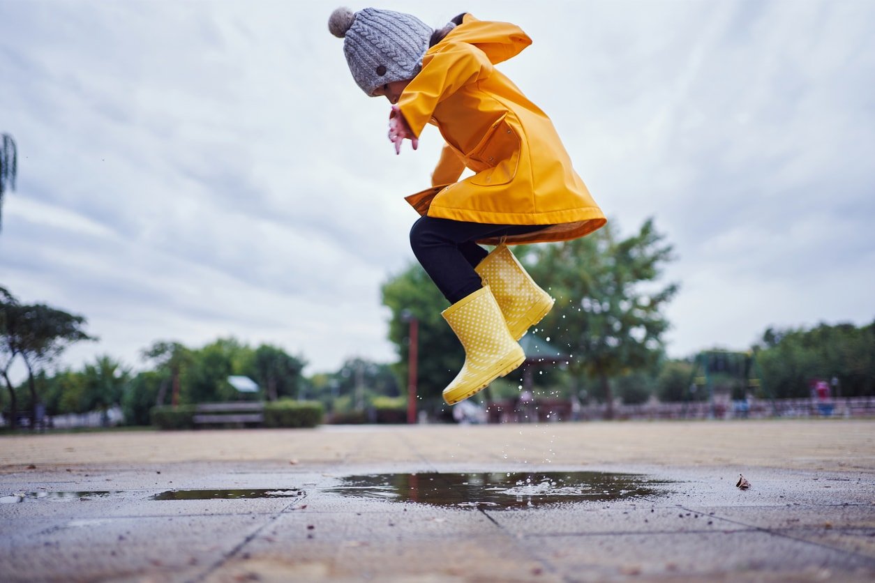 Cute and playful female child jumping in a puddle of water on the street wearing yellow rubber boots and a raincoat.
