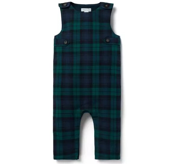 This adorable baby boy Christmas outfit features a green and blue tartan plaid pattern, perfect for festive celebrations. The sleeveless jumpsuit includes button closures on the shoulders for easy dressing, making it a charming addition to your collection of cute Christmas outfits.