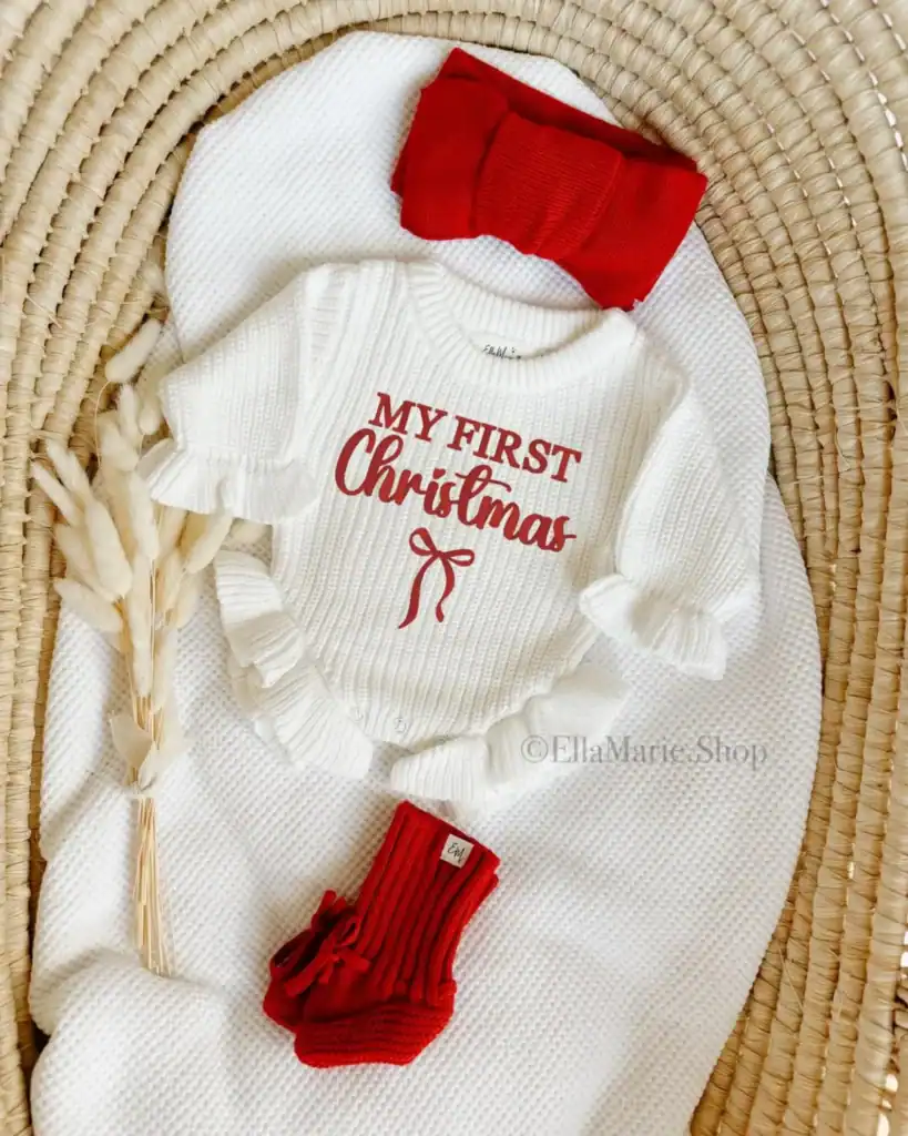 First Christmas Baby Girl Outfit, Santa Baby, Knit Ruffle Romper, Embroidered Custom Sweater, Newborn Coming Home Outfit, Holiday Photoshoot