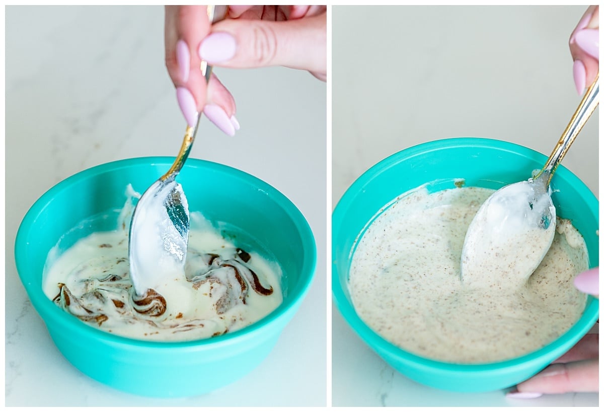 Mixing nut butter in yogurt in a kid's bowl