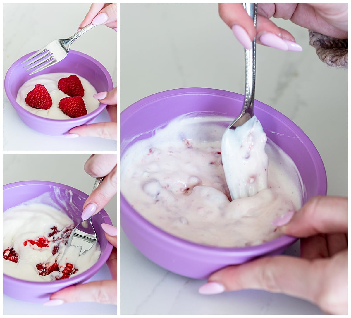 Mixing raspberries in yogurt in a purple kids bowl