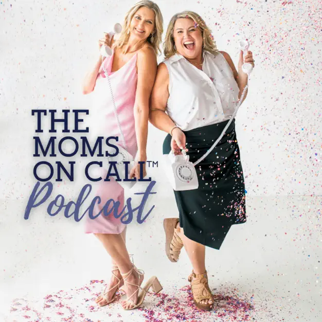 Two women holding old-fashioned white telephones while standing in a playful pose with confetti sprinkled around them. Text on the left reads, "THE MOMS ON CALI PODCAST." The woman on the left wears a pink dress, and the woman on the right wears a white top and black skirt. Visit our press page for more details.