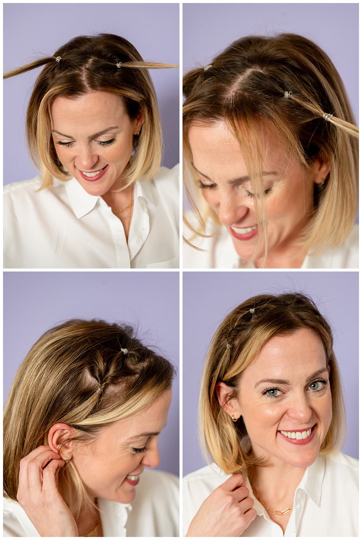 Step-by-step photos of how to do a cute hairstyle for short hair.