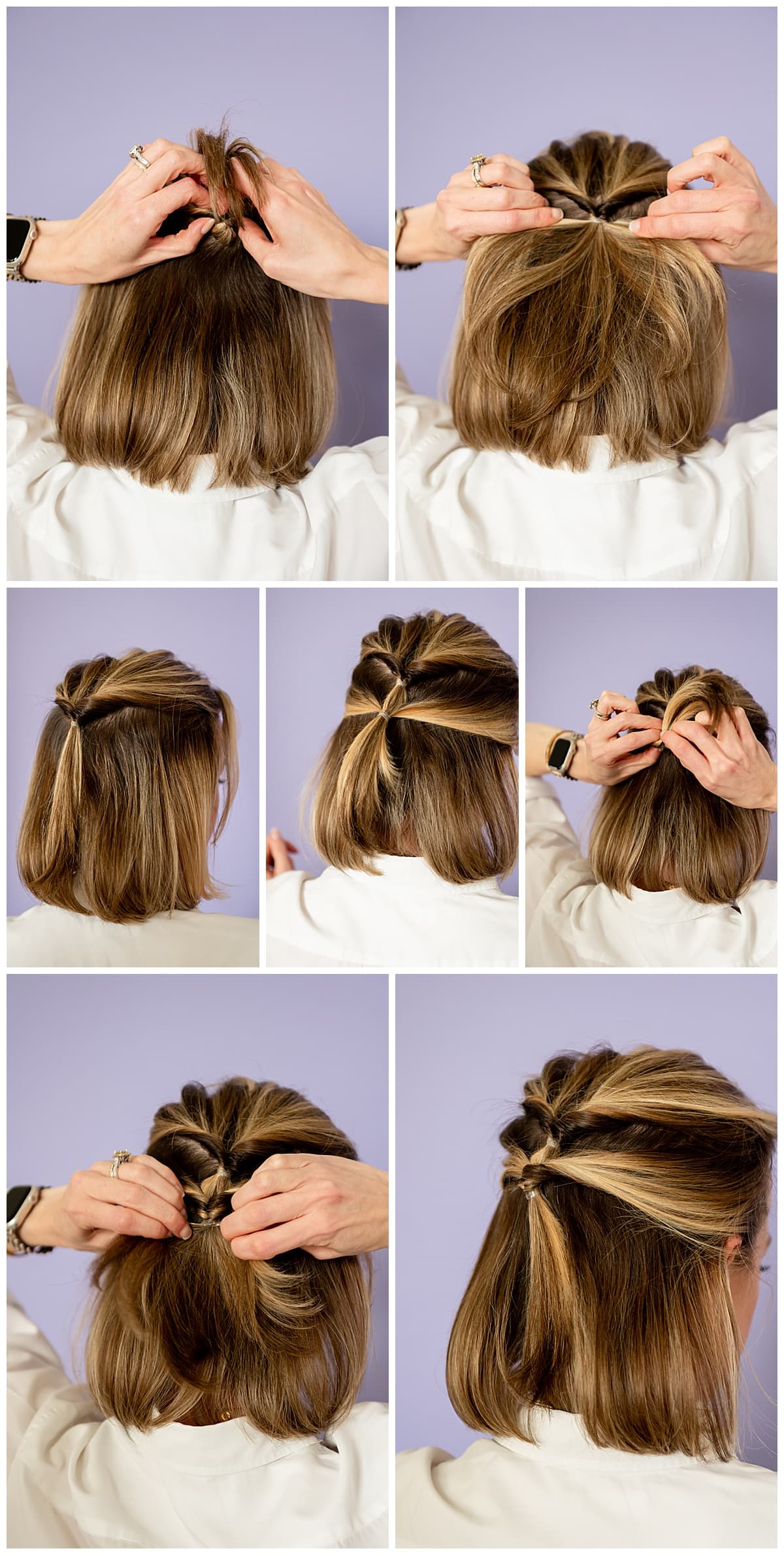 Step-by-step picture tutorial on how to do a double half-up hairstyle with short hair.