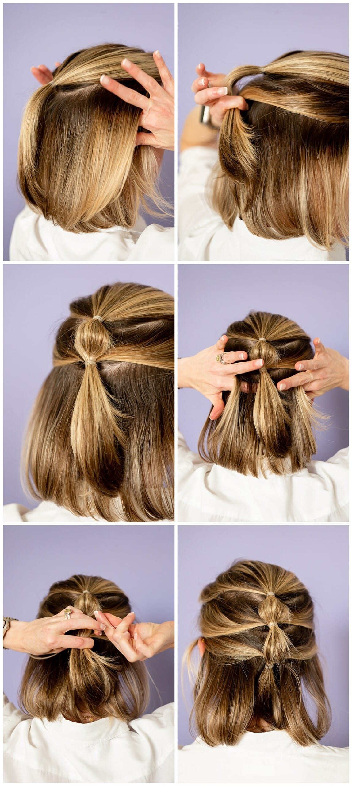 Picture tutorial on how to do a bubble braid with short hair.