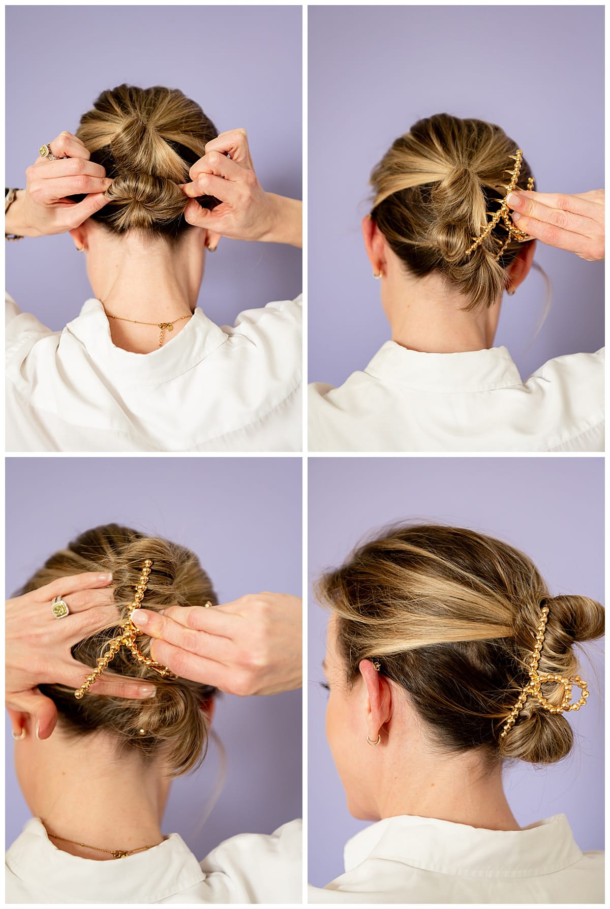 Step-by-step pictures of how to make short hair look fuller in a claw clip. Claw clip hair hack.