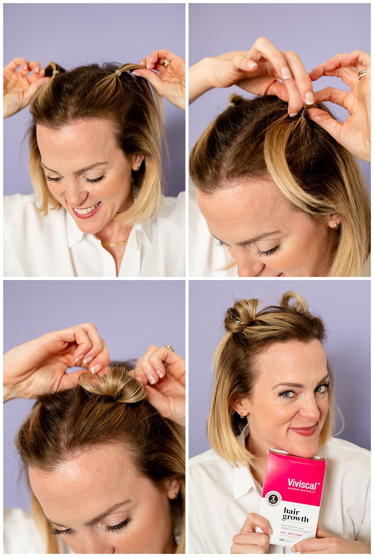 Step by step tutorial of how to do mini mom buns. Woman is showing how to do half up top buns in her hair and showing Viviscal supplement.