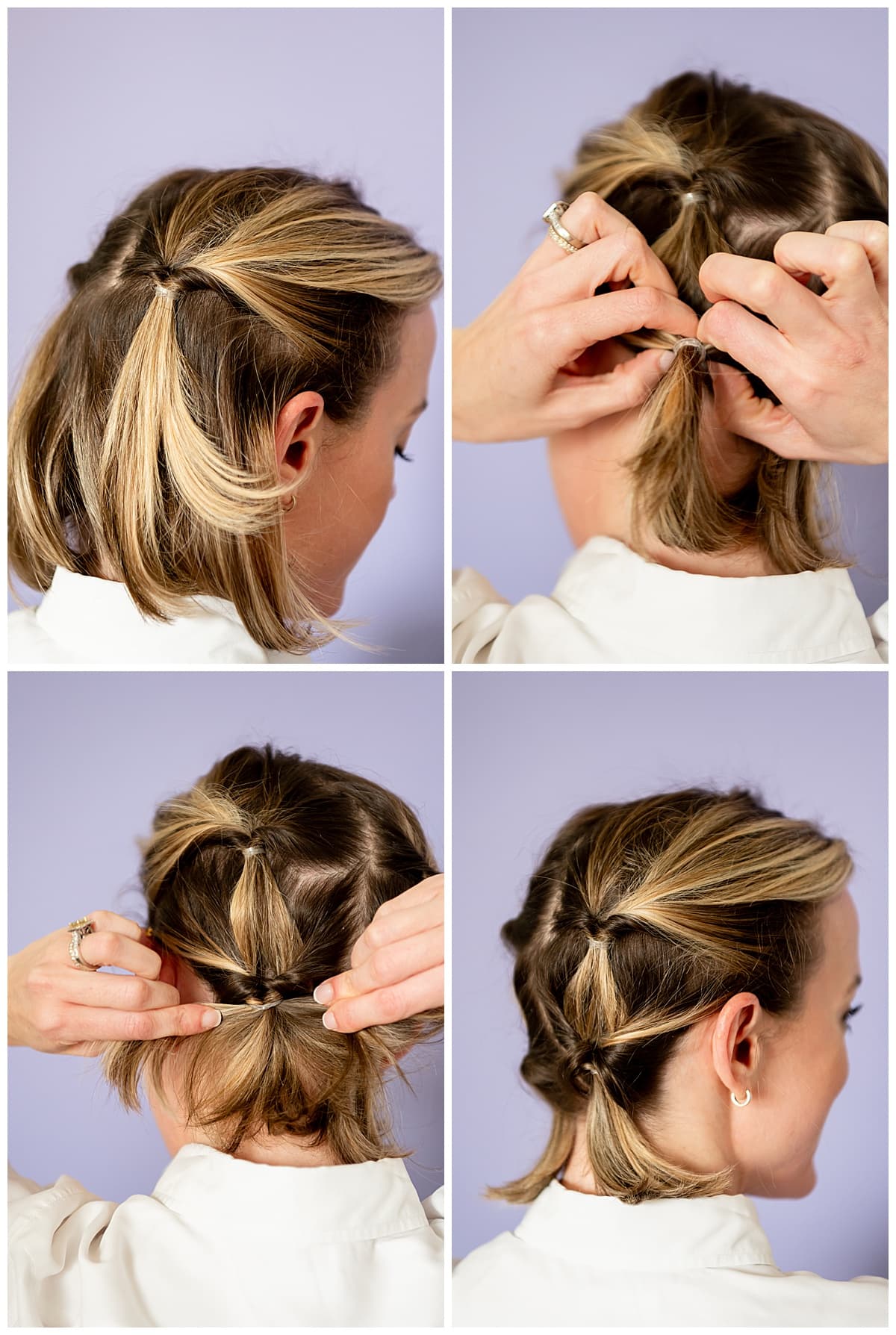 Step-by-step picture tutorial on how to do a stylish pigtails hairstyle on short hair.