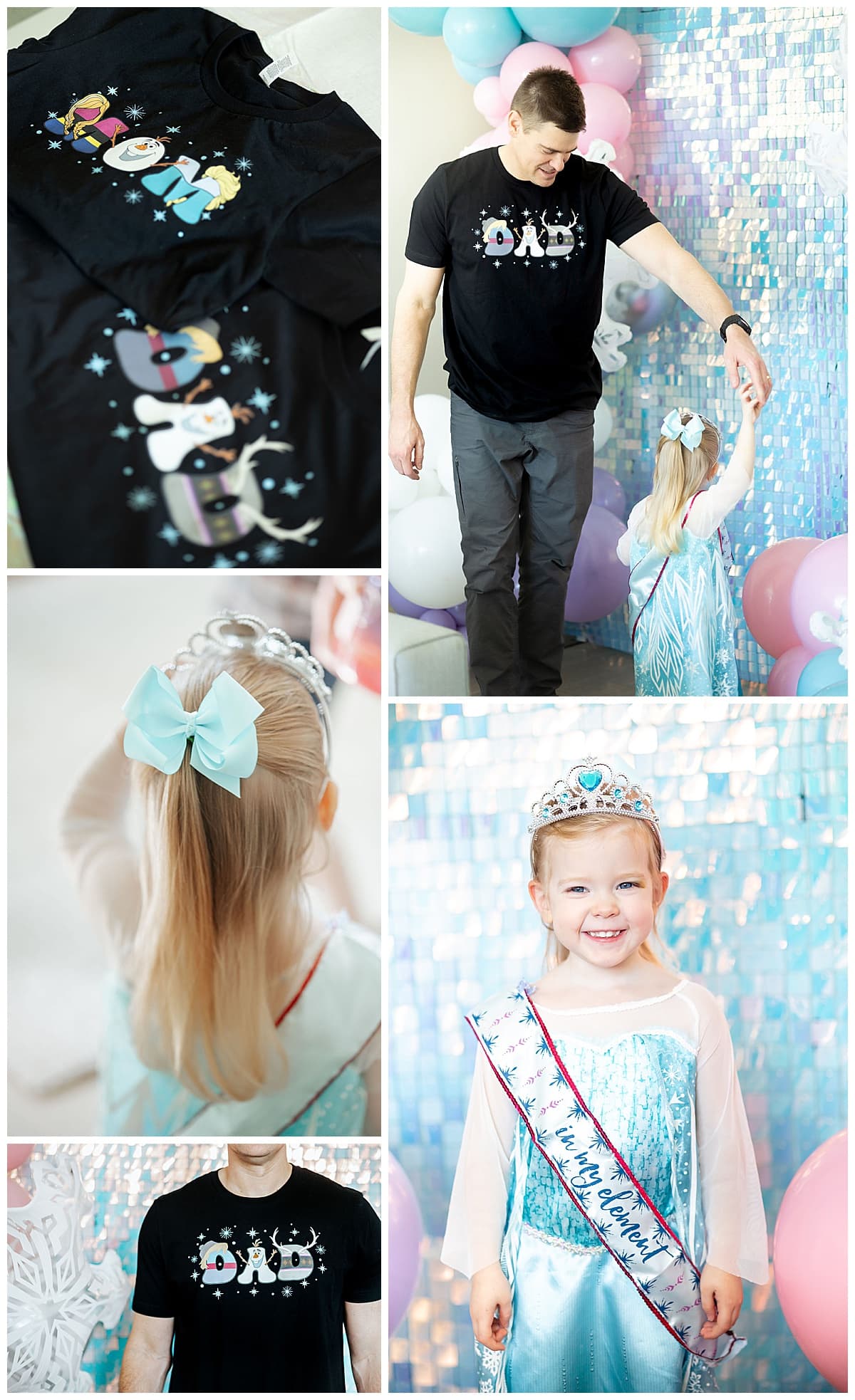 Collage of Frozen party attire at a 3 year old's birthday party