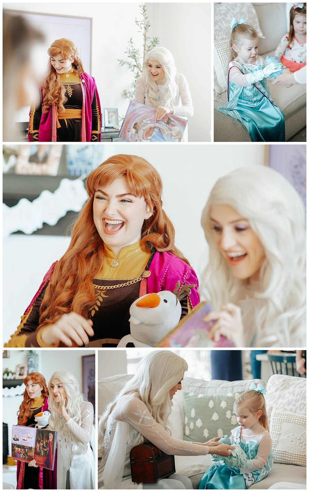 Collage of pictures showing Elsa and Anna from Frozen at a birthday party