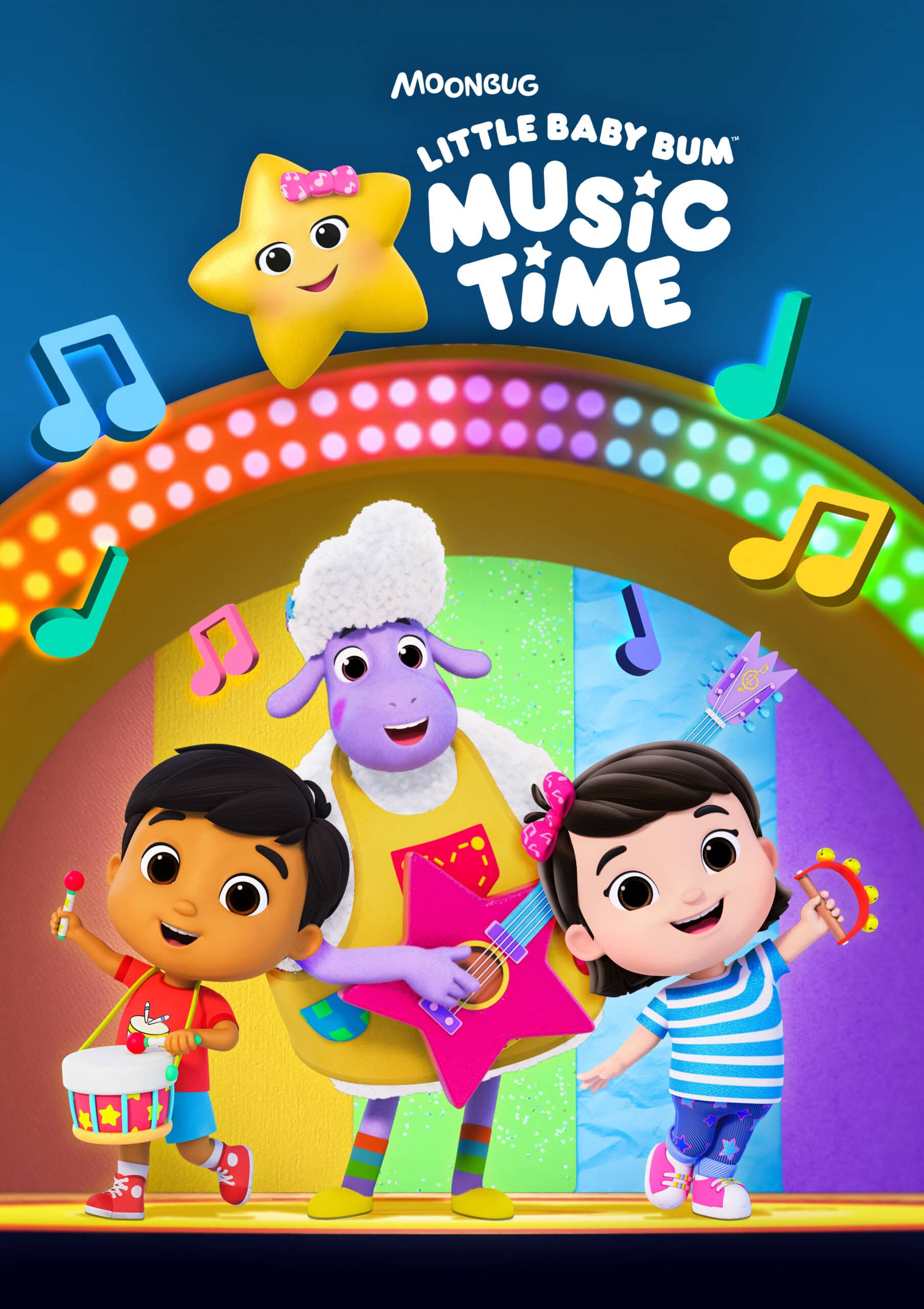 An animated image of the characters from Little Baby Bum. A star, a sheep playing guitar, a child playing a drum, and another child with a tambourine stand beneath a rainbow arch with music notes. The title reads 