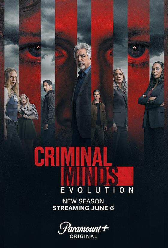 Promotional poster for the new season of "Criminal Minds: Evolution" streaming on Paramount+. Wondering what to watch next? The image features a large central face, several individual characters against a red background, and the show's title at the bottom.