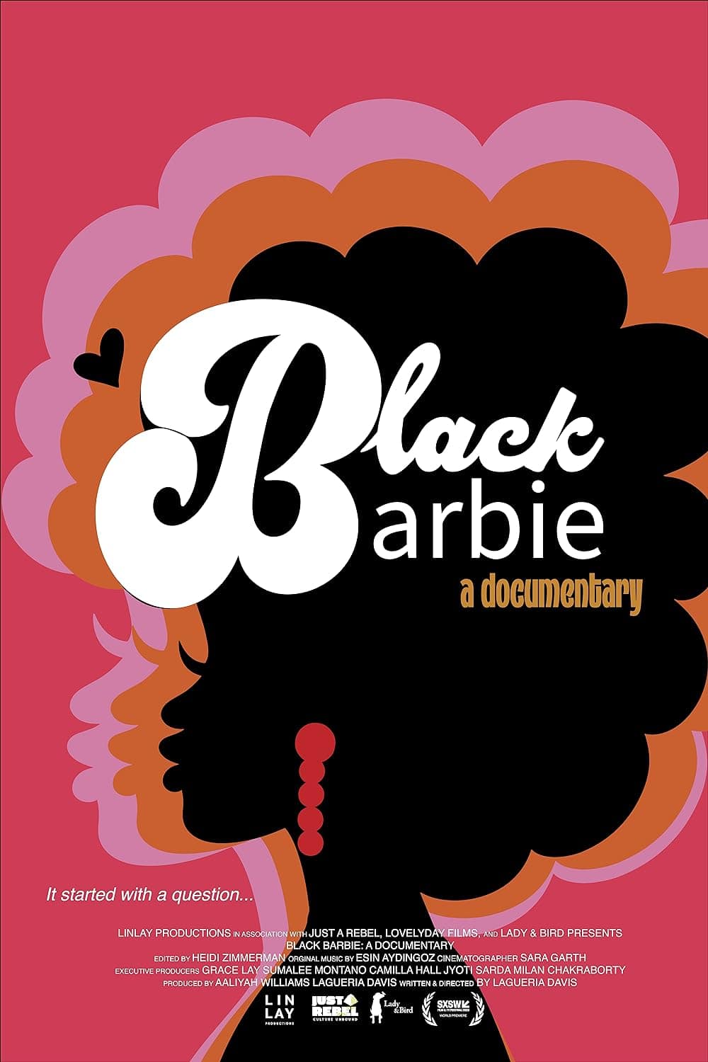 A poster for "Black Barbie: A Documentary." The design features a black silhouette of Barbie with an afro against a pink background. The film's title is prominently displayed in stylized white and yellow letters. The tagline reads, "It started with a question...". This is definitely what to watch next!