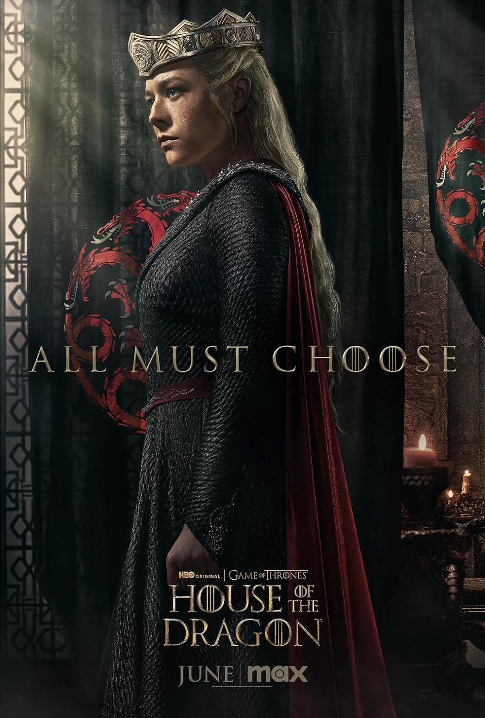 A character dressed in medieval-style armor and a crown stands against a dark background with a dragon emblem. Text reads 