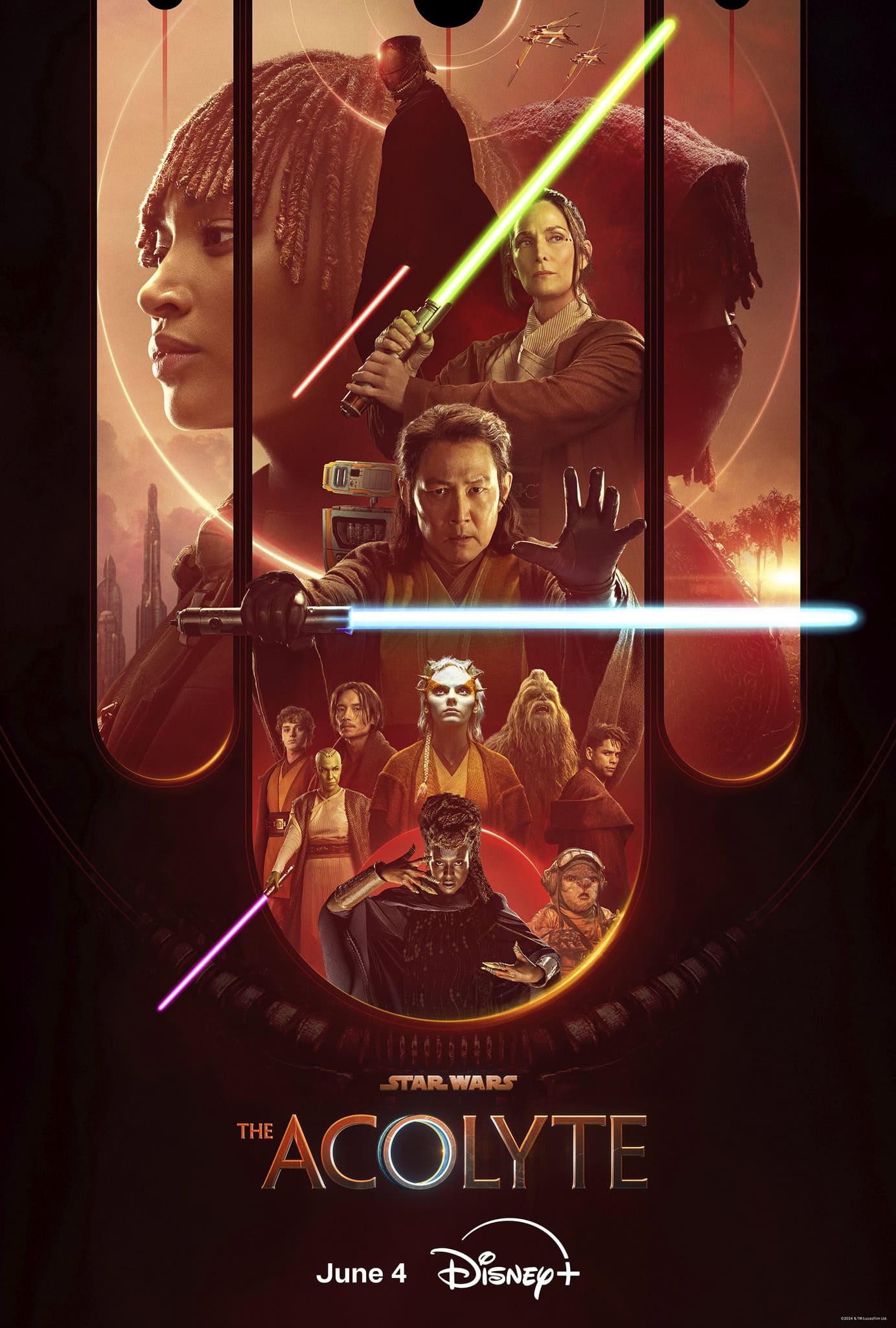Promotional poster for "The Acolyte," a Star Wars series on Disney+. If you're wondering what to watch next, this image features several characters holding lightsabers in various colors, set against a sci-fi backdrop with a June 4 release date at the bottom. The Disney+ logo is also displayed.