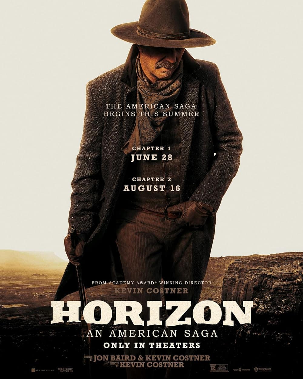 A man in a cowboy hat and coat stands with his head down in front of a rugged landscape. Text reads: 