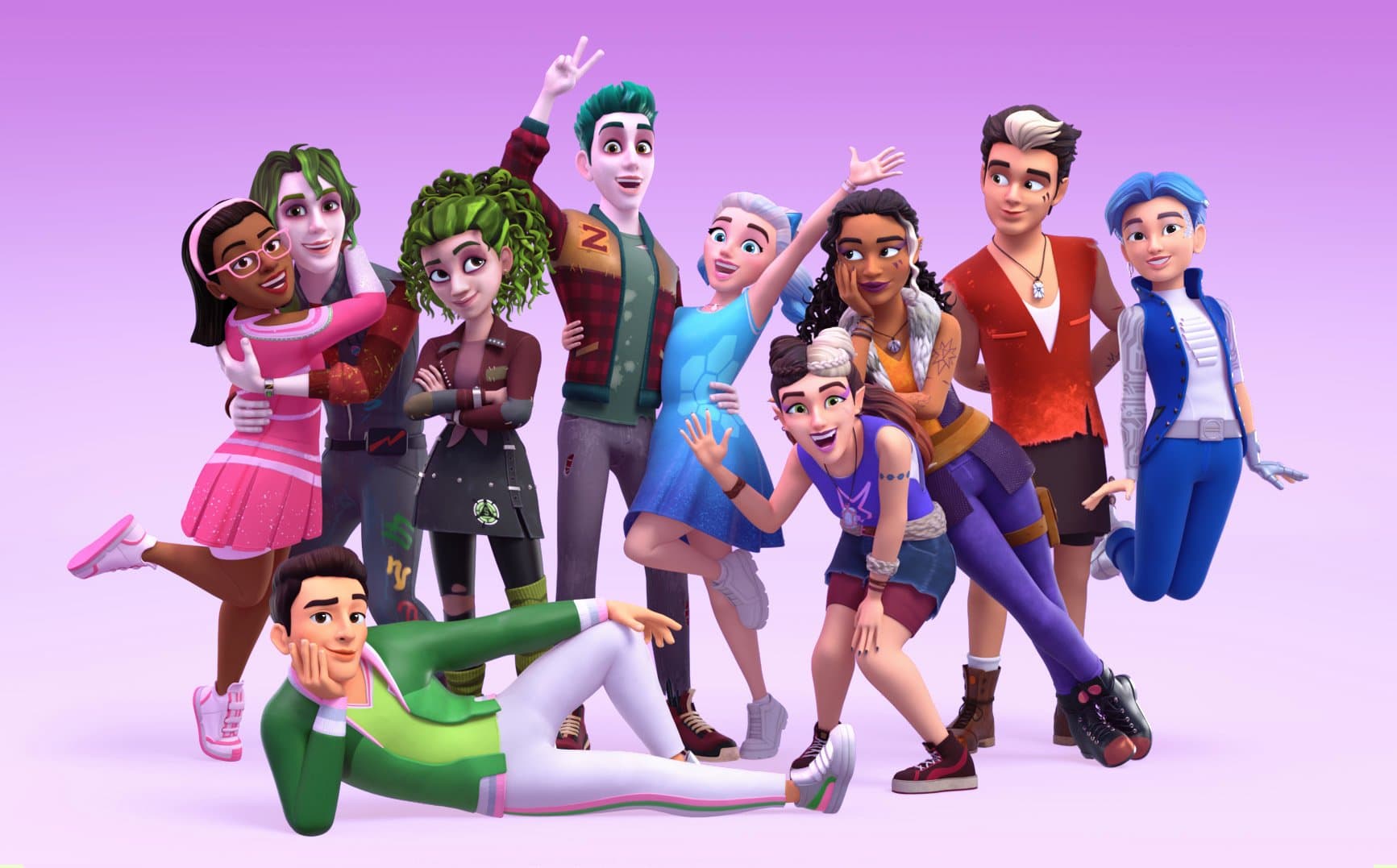 ZOMBIES: The Reanimated Series. An animated group of ten diverse characters pose against a light purple background. Some characters are standing, while one is lying on the ground. They display various expressions and gestures, epitomizing a range of styles and personalities—the perfect snapshot for what to watch next in character-driven shows!