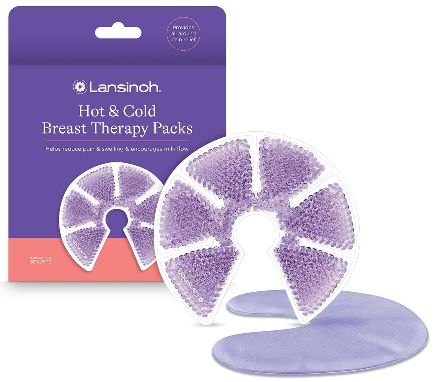 Image of Lansinoh Hot & Cold Breast Therapy Packs in packaging. The product includes two round, purple gel packs designed to conform to the breast shape, used for pain relief and to encourage milk flow. Perfect for postpartum recovery, the packaging is predominantly purple and white.