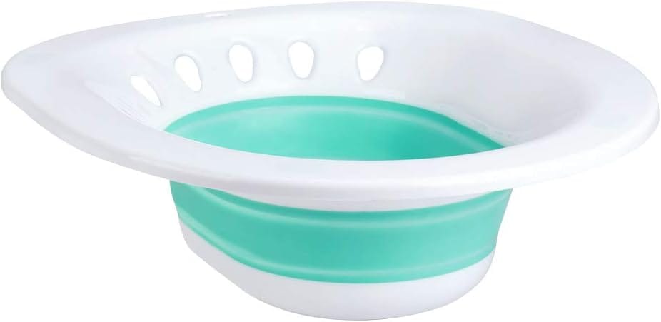 A white and teal plastic basin with a contoured rim and several ventilation holes around the upper edge. The basin, touted as one of the postpartum essentials, has a collapsible design, allowing it to be compacted for easy storage.