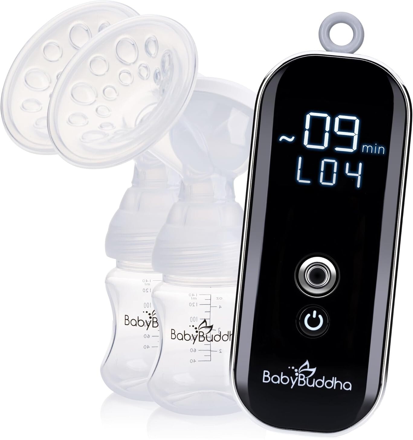 A BabyBuddha breast pump, an essential for postpartum recovery, is shown with two bottles and breast shields. The device features a digital display reading "-09 min L 04" and a circular power button below it. The bottles are labeled with measurement markings and the BabyBuddha logo.