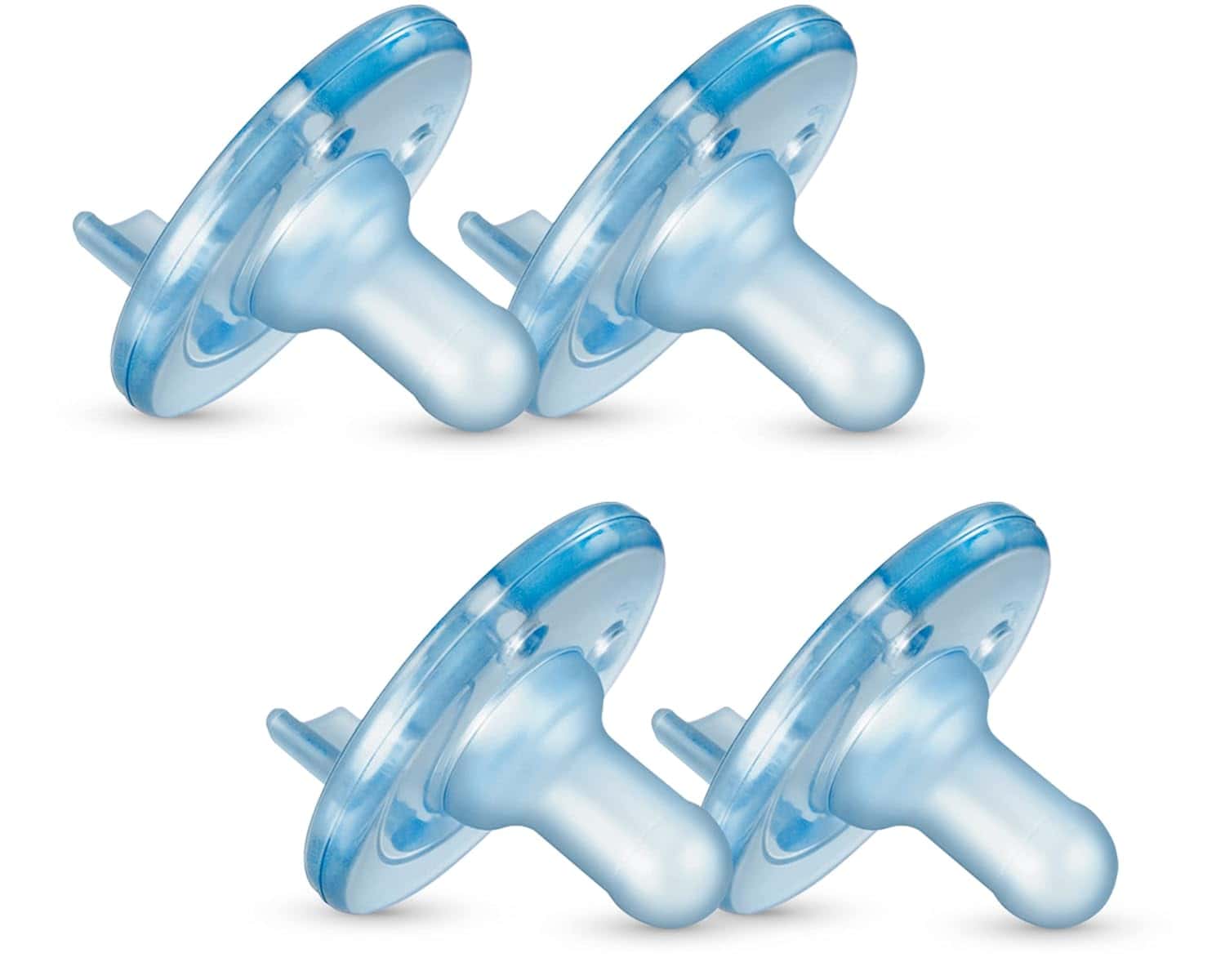 Four translucent blue infant pacifiers, essential for postpartum recovery, are arranged in a grid pattern on a white background. Each pacifier features a cylindrical nipple and a circular shield with two small air holes.