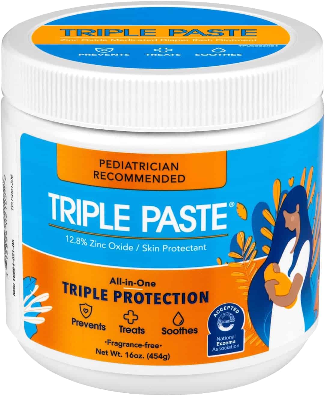 Image of a container of Triple Paste. The label reads: Pediatrician Recommended, 12.8% Zinc Oxide / Skin Protectant, All-in-One Triple Protection, Prevents, Treats, Soothes. The white tub with a blue and orange label contains 16 oz (454g). A must-have for postpartum recovery and essentials.