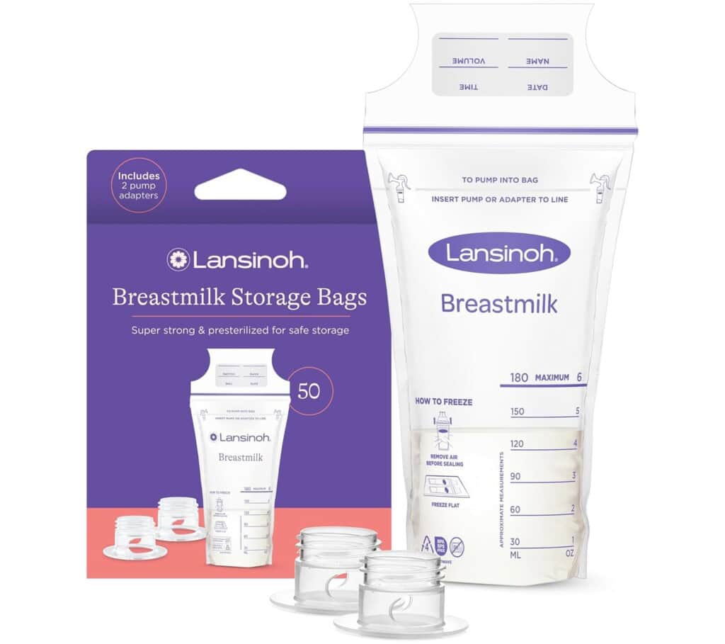 Image of Lansinoh Breastmilk Storage Bags: an essential for postpartum recovery. The package includes 50 pre-sterilized bags and two pump adapters. Each bag has measurements for up to 180 ml and labeled sections for date, time, and name. It also features a double zipper seal.