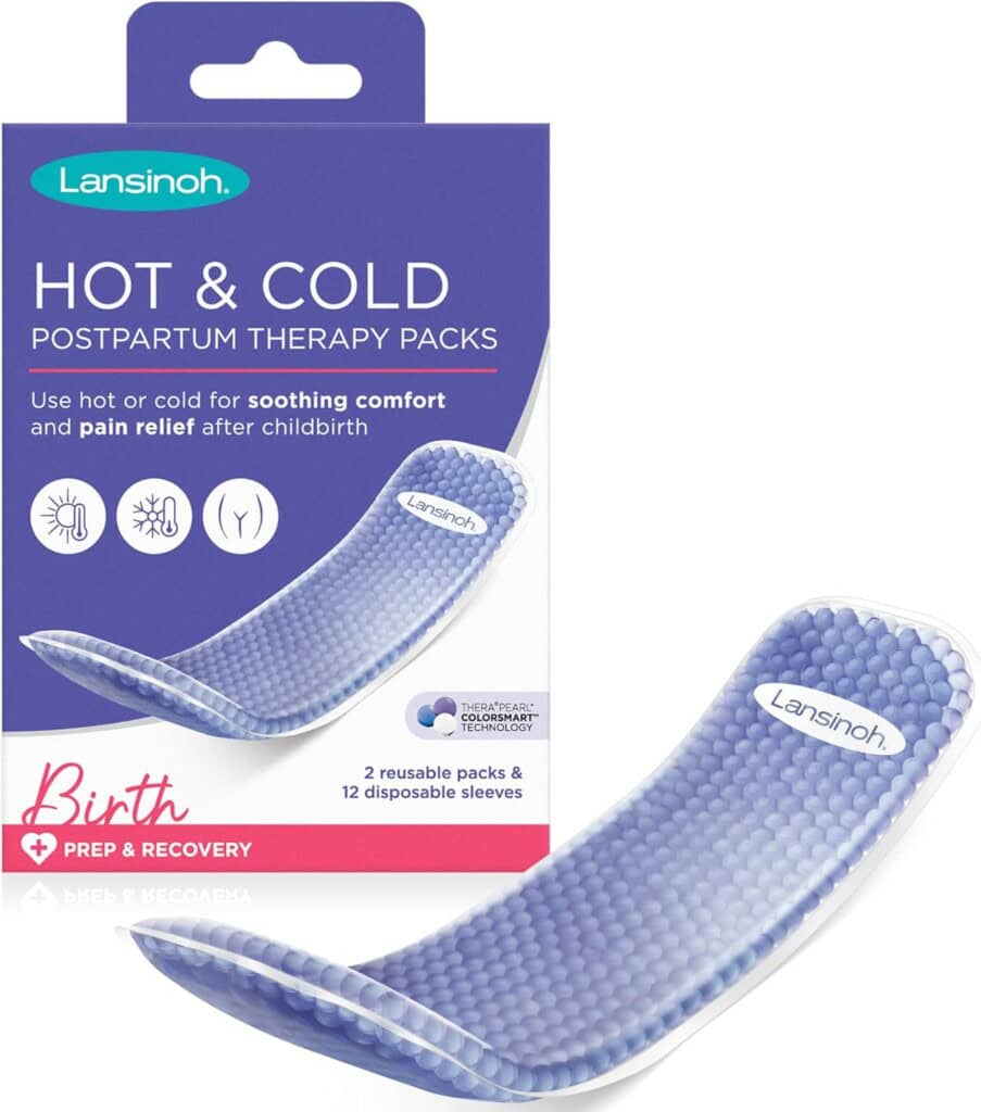 Image of a Lansinoh Hot & Cold Postpartum Therapy Pack product. The blue and white packaging features a picture of the therapy pack, along with the name and description. Ideal for postpartum recovery, it includes Prep & Recovery with 2 reusable packs and 12 disposable sleeves; a true postpartum essential.