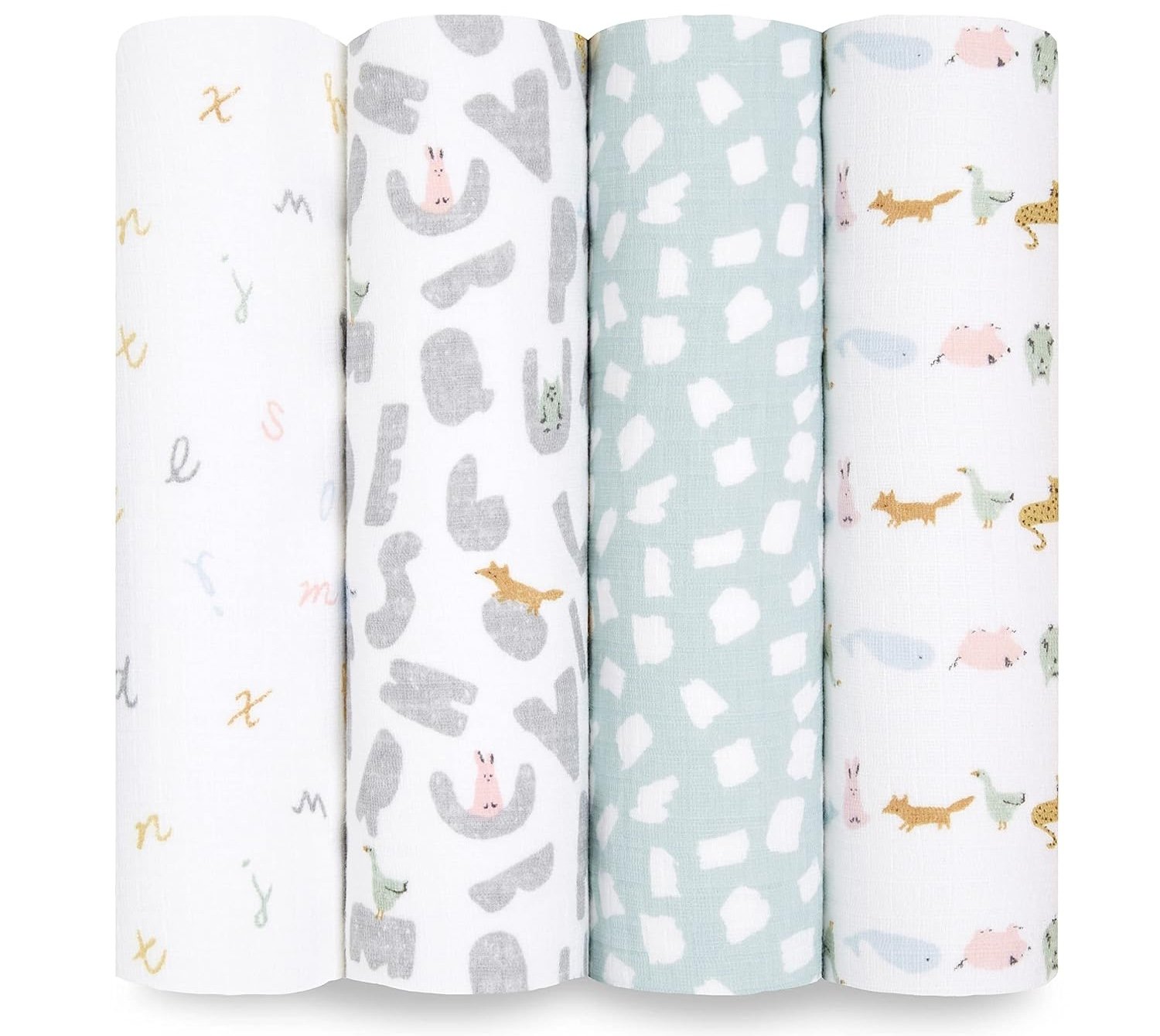 Four rolled-up baby swaddle blankets are displayed, perfect for postpartum recovery. They feature various designs: white with pastel letters, grey and white with animals, pale green with white geometric shapes, and white with pastel animal illustrations. These are truly postpartum essentials.
