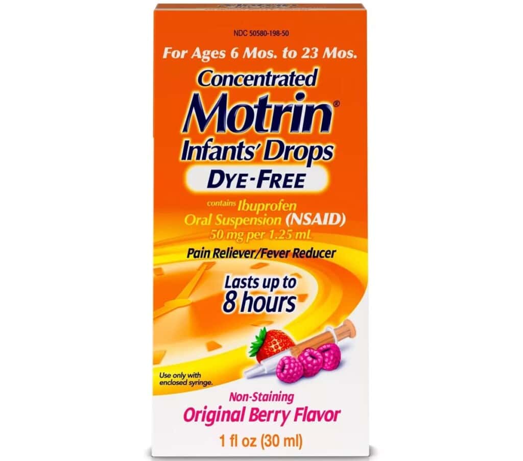 The image shows the packaging of Concentrated Motrin Infants Drops. This dye-free, non-staining original berry flavor contains ibuprofen. An essential for postpartum recovery, it is a pain reliever/fever reducer for infants aged 6 to 23 months, lasting up to 8 hours in a 1 fl oz (30 mL) bottle.