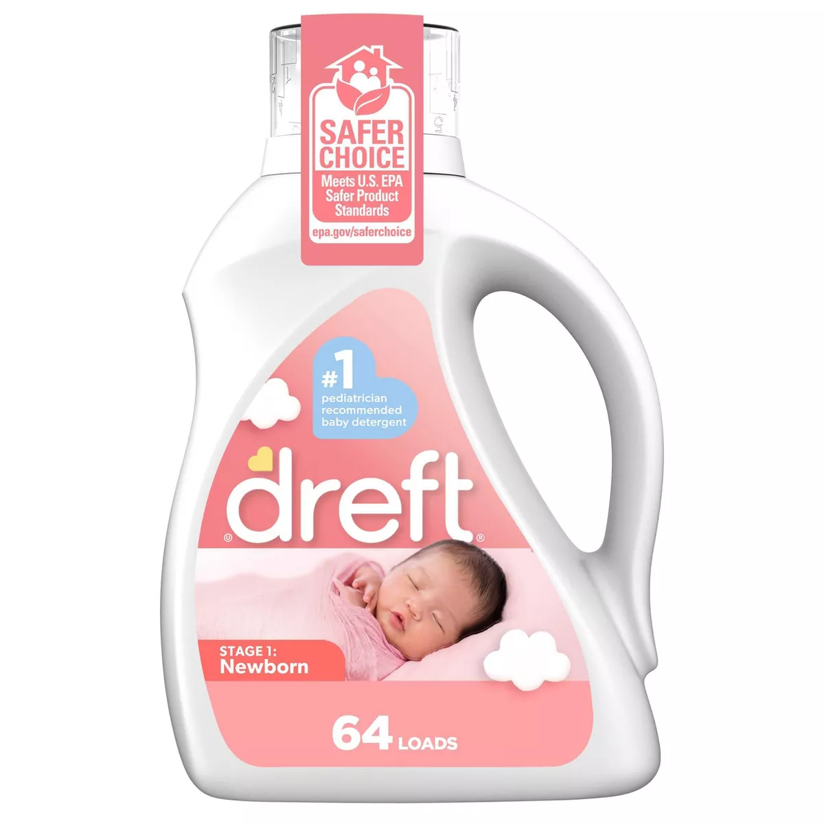 A bottle of Dreft Stage 1: Newborn baby detergent with a sleeping baby on the label. The number one pediatrician-recommended baby detergent, it provides 64 loads and is a postpartum essential. A Safer Choice label is present on the bottles neck.