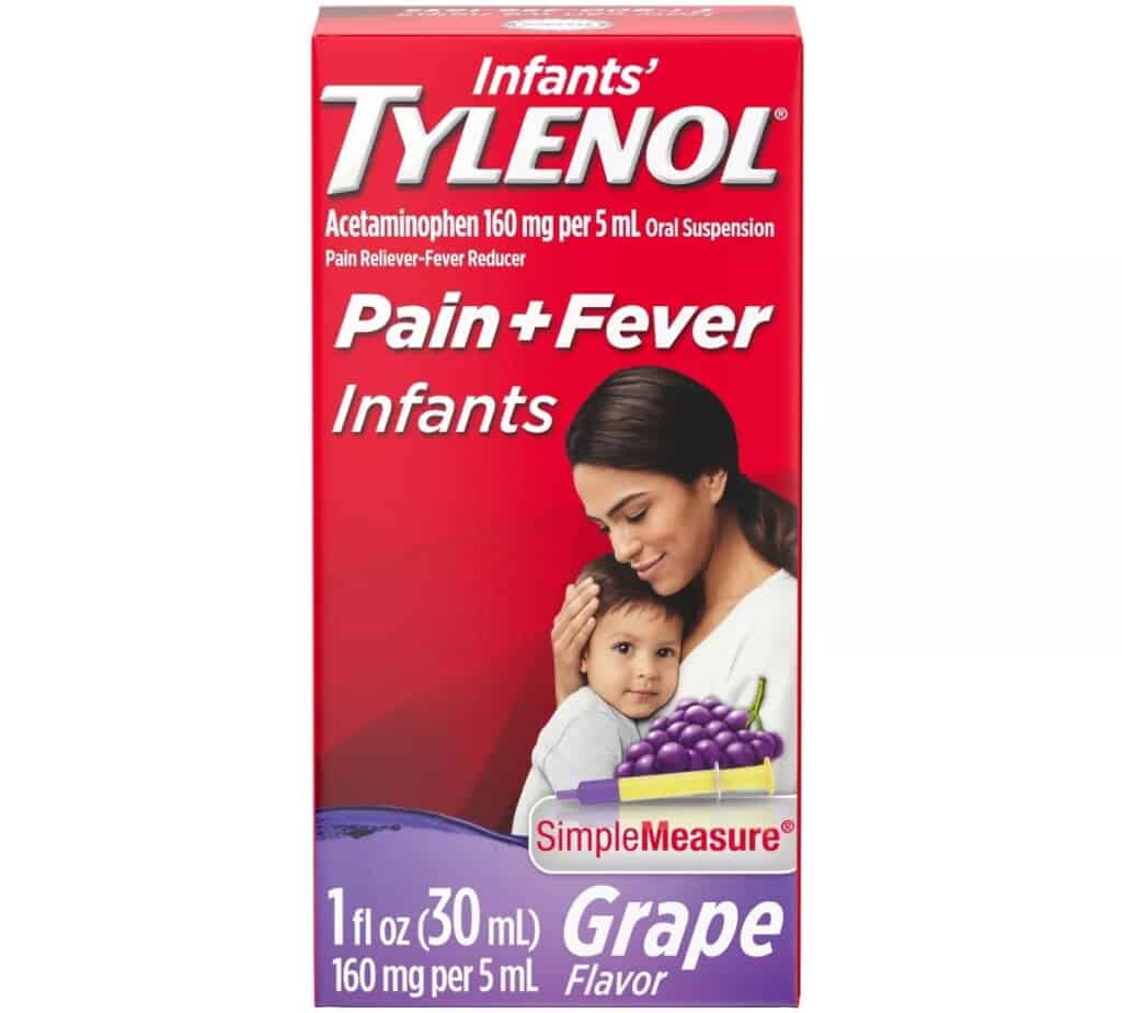 A box of Infants Tylenol Pain + Fever Oral Suspension in grape flavor, perfect for postpartum essentials. The box displays dosage information indicating 160 mg per 5 mL of acetaminophen and features an image of a mother holding a baby on the front.