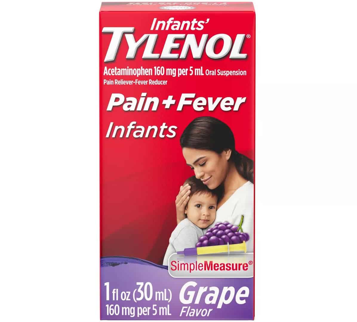 A box of Infants Tylenol Pain + Fever Oral Suspension in grape flavor, perfect for postpartum essentials. The box displays dosage information indicating 160 mg per 5 mL of acetaminophen and features an image of a mother holding a baby on the front.