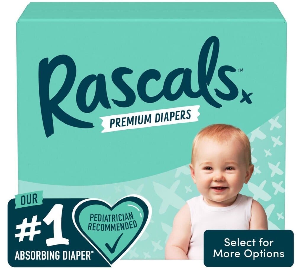 A box of Rascals Premium Diapers is shown, perfect for postpartum essentials. The teal packaging features the brand name "Rascals" in large lettering, a smiling baby on the right side, and text on the left proclaiming "#1 Absorbing Diaper" with a heart icon stating "Pediatrician Recommended".