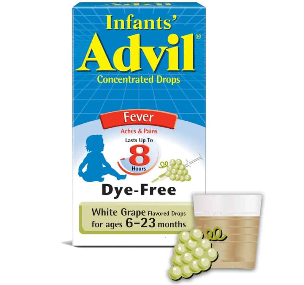 A box of Infants Advil Concentrated Drops in white grape flavor, suitable for ages 6-23 months. Perfect for postpartum essentials, the packaging states it relieves fever, aches, and pains for up to 8 hours and is dye-free. A small dosing cup and a cluster of grapes are shown in front of the box.