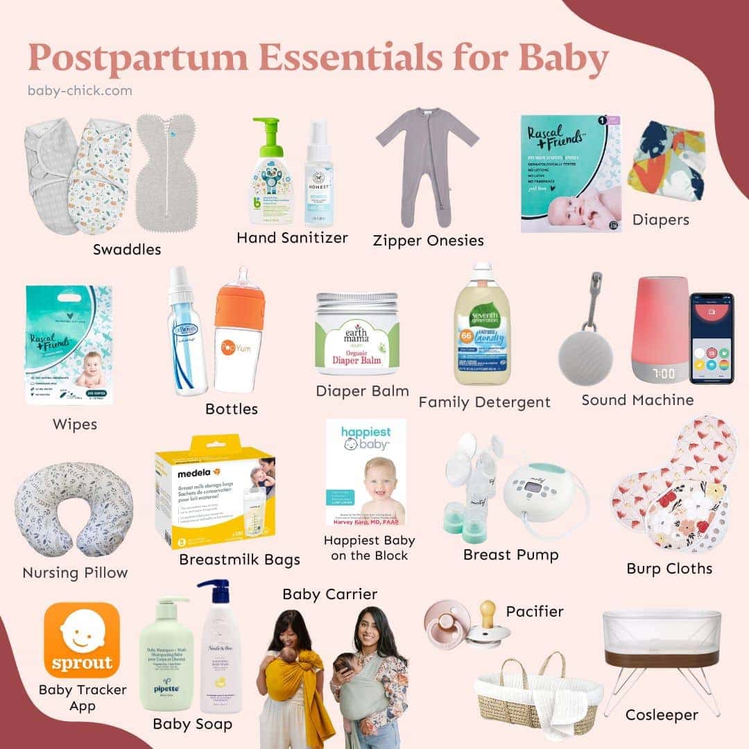 Image showcasing a curated collection of postpartum essentials for a baby. This array includes swaddles, hand sanitizer, zipper onesies, diapers, wipes, bottles, diaper balm, family detergent, sound machine, nursing pillow, breastmilk bags, breast pump—everything needed for smooth postpartum recovery.