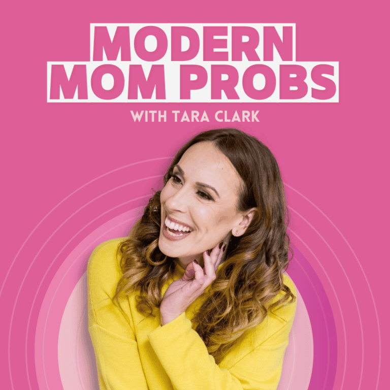 A woman with long brown hair wearing a bright yellow sweater is smiling and posing against a pink background with concentric circles. The text above her reads "Modern Mom Probs with Tara Clark." For more information, visit our press page.